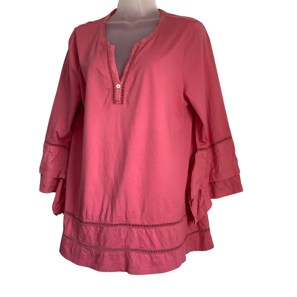 Soft Surroundings Pink Ladder Lace Tunic Ruffle Sleeve Cotton Modal Top Mediumβ